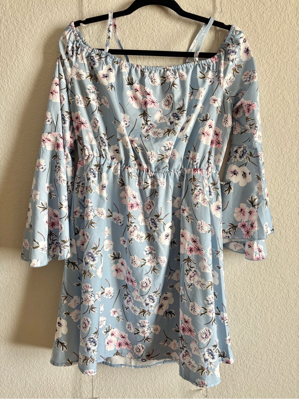 ROMWE Light Blue Floral Off-Shoulder Dress with Pink Accents